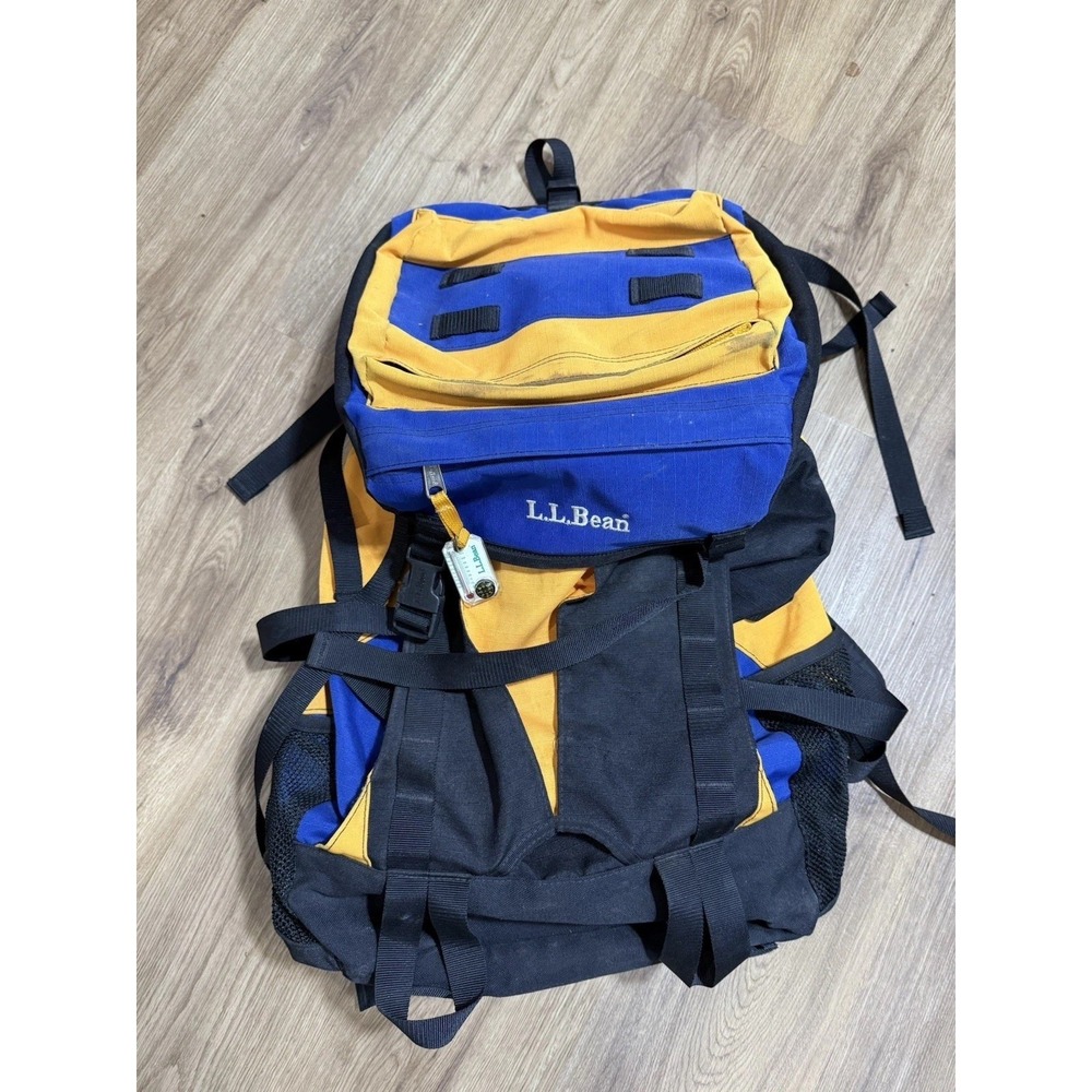 Vtg L.L BEAN Blue Yellow Hiking Camping Backpack Pack-Out Heavy Duty Rucksack